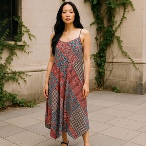 Nina Leonard Boho Patchwork Handkerchief Hem Maxi Dress Red White & Blue Size 1X